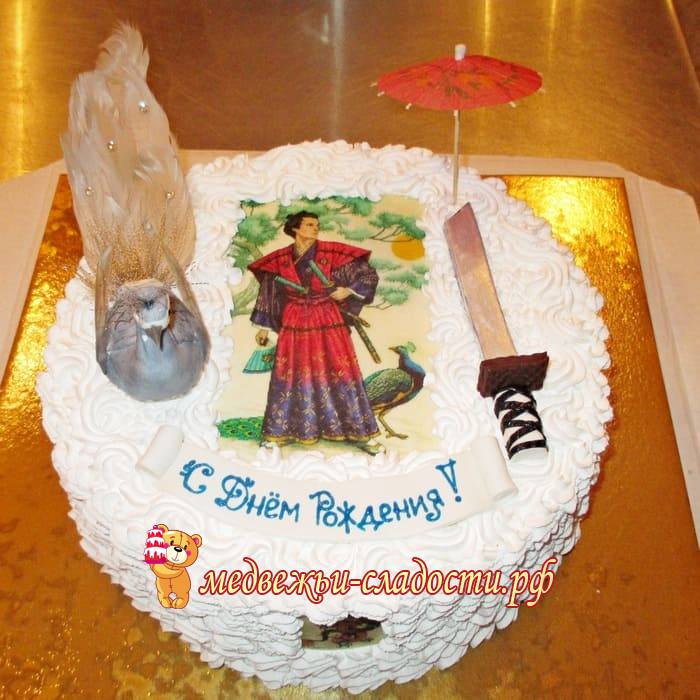 Японский торт, торт в японском стиле с фотопечатью, самурай, меч, зонтик, павлин, драконы 